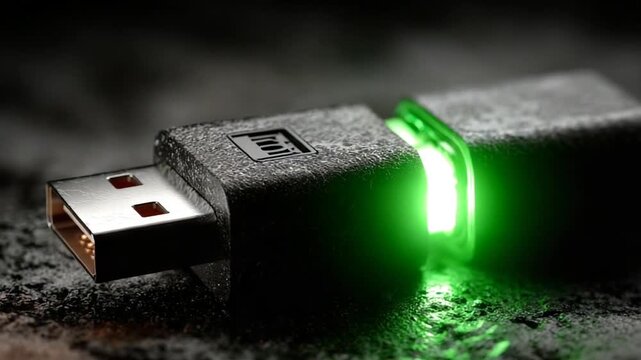 Close-up of illuminated USB drive on textured surface