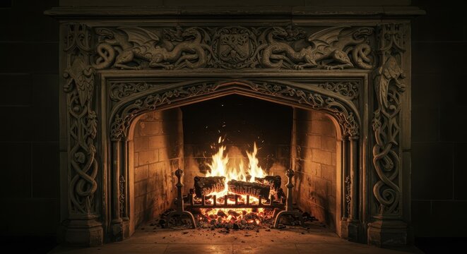 Ornate stone fireplace with dragons features a crackling fire.