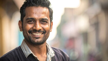 Obraz premium Portrait of a smiling Indian man with a mustache and short hair, outdoor setting.