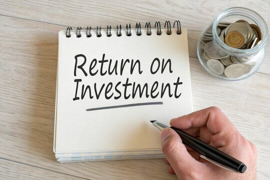 Words written 'RETURN ON INVESTMENT' on a book beside coins in a glass jar