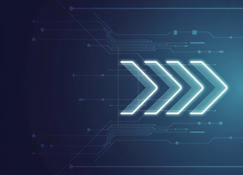 Futuristic neon arrows pointing right on a dark blue digital background with glowing lines