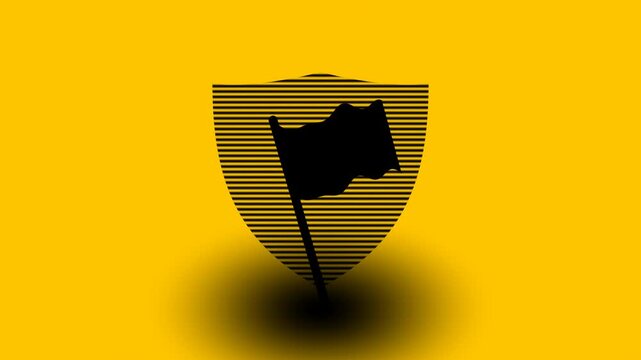 Bold black flag waves powerfully atop striped shield against vibrant yellow backdrop, representing defiance, digital activism, and strong, clear messaging