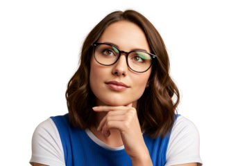 Thinking young woman with glasses looking away, thoughtful expression isolated on white background