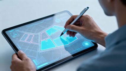 real estate strategy self employed concept. Digital map on tablet with hand holding a stylus pen.