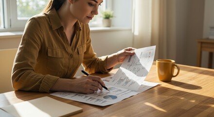 real estate strategy self employed concept. A woman analyzes charts while sipping coffee at a wooden table.