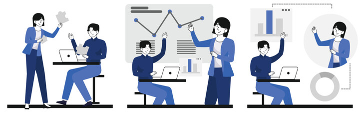 Female business professional presenting report and marketing analysis to male coworker in modern teamwork flat illustration style