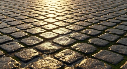 A cobblestone street reflecting sunlight with grass growing between the stones