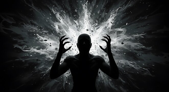 Silhouette of Fury: Man with Claws in Explosion of Light and Energy

