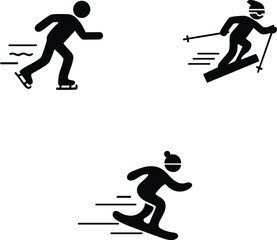 Winter Sports Activities Icon Set: Ice Skating, Downhill Skiing, and Snowboarding Pictograms