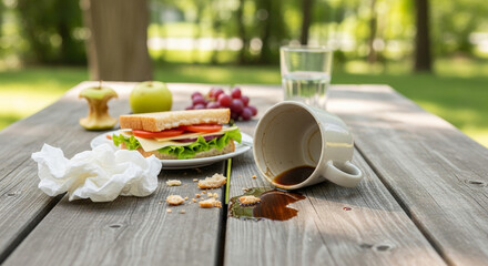 Messy aftermath of a picnic lunch with spilled coffee on a wooden table outdoors.