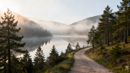 Misty forest lake with winding path