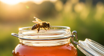 A honeybee perched on the rim of a glass jar filled with golden honey, bathed in sunlight.