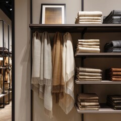 A Luxurious Display of Soft Textiles Featuring an Elegant Array of Scarves and Throws in Natural Earthy Tones and Subtle Patterns on a Stylish Shelving Unit