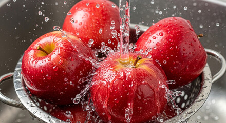 Close-up shot of ripe red apples being washed in a colander under a stream of water.