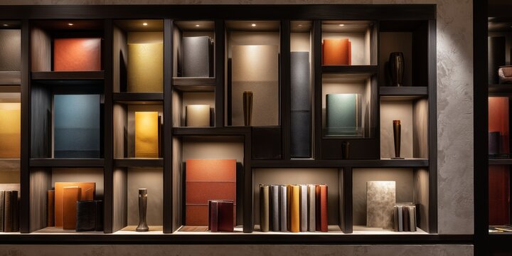 An Elegant Display of Bookbinding Arts with Rich Textures and Colors in a Contemporary Shelf Arrangement Highlighting Style and Design