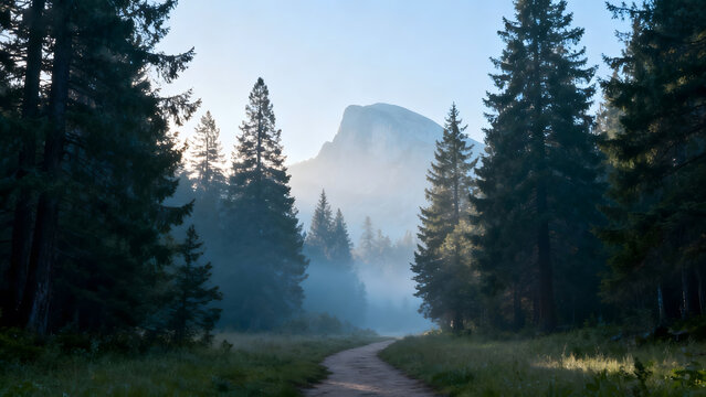 Forest path leading to mountain peak