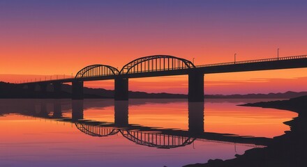 Bridge spans calm water during a vibrant sunset with colorful reflections.