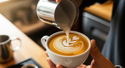 Barista pouring steamed milk into a cup of coffee, creating latte art.