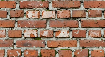 Brick wall with red bricks grey mortar some with white splotches and moss in the crevices