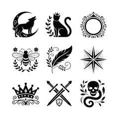 Decorative Mystical Cat, Wolf, Bee, Skull, Crown, Feather, Star, Sword, Frame Vector Silhouettes