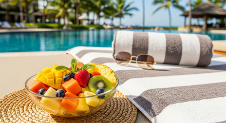 Tropical fruit bowl, sunglasses, and towel by the pool.