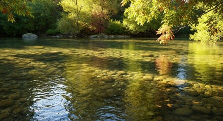 Clear shallow river with visible stones on the bed surrounded by lush trees in vibrant sunlight