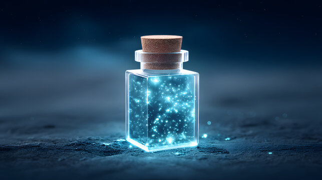 Magic potion glowing bottle glass vial cork stopper blue sparkles fantasy elixir night background mystical light luminescent dust enchanted liquid square glass vial with cork stopper glows with