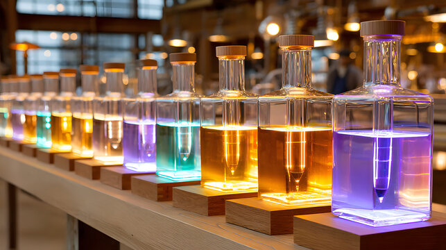 Luminous elixir glass bottle glowing liquid warm light laboratory wooden base modern design colorful gradient reflective surface interior science art closeup symmetry row shelf amber teal purple