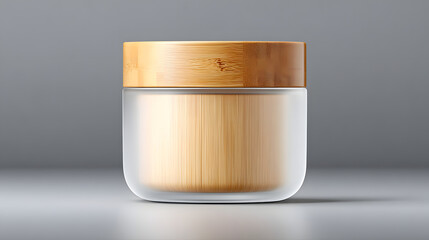 Frosted jar bamboo lid cosmetic container minimal design neutral gray background studio lighting skincare packaging eco friendly clean aesthetic mockup