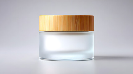 Frosted glass jar bamboo lid cosmetic container minimal design skincare packaging clean mockup studio lighting empty bottle luxury style modern aesthetic. Frosted glass jar with bamboo lid minimal