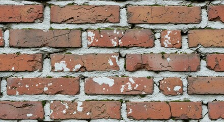 Closeup of a weathered brick wall with chipped bricks and moss growing between the mortar joints