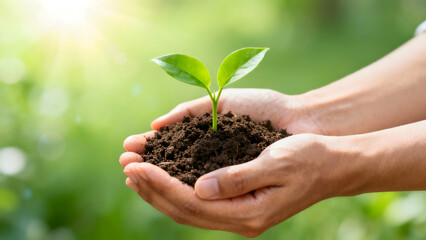 Hands holding soil with young plant