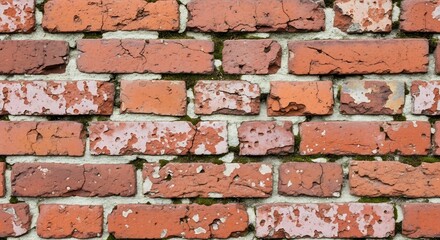 Closeup of a weathered red brick wall with peeling paint and moss growing between the bricks