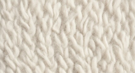 Closeup of an offwhite chunky knitted wool fabric with visible texture and soft individual loops