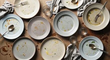 Overhead view of dirty plates and cutlery after a meal.