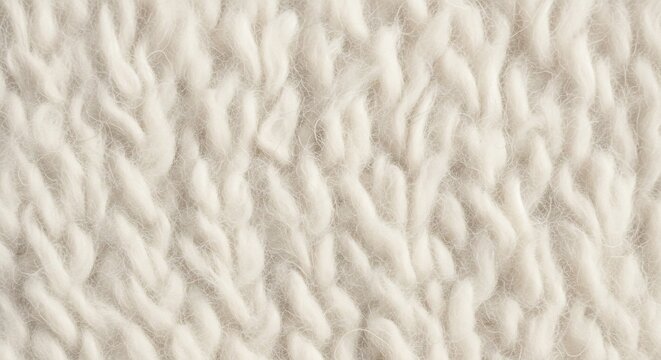 Closeup of an offwhite chunky knitted wool fabric with visible texture and soft individual loops