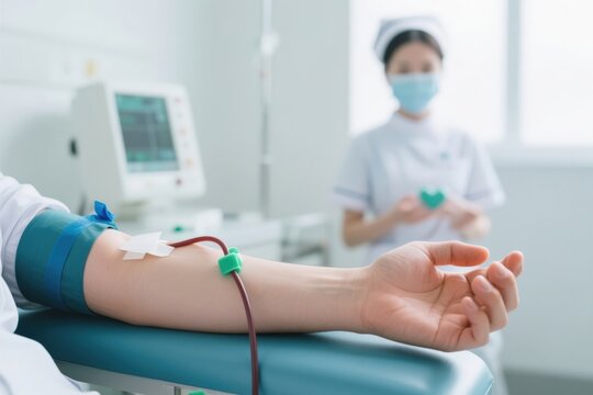 A healthcare professional prepares to collect blood from a patient in a clinical setting. - Powered by Adobe