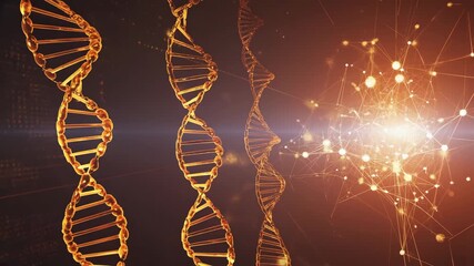 Multiple golden DNA double helix structures illuminated against a glowing abstract network background - Powered by Adobe