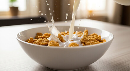 Milk being poured into a white bowl of crunchy cereal, creating a splash, on a wooden table in a bright kitchen.