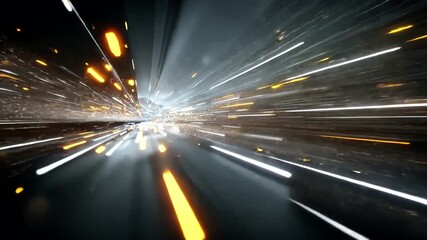 Abstract perspective of white and orange light streaks racing through a dark, metallic tunnel at speed - Powered by Adobe