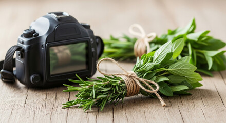 Close-up shot of a DSLR camera next to fresh herbs on a wooden surface.