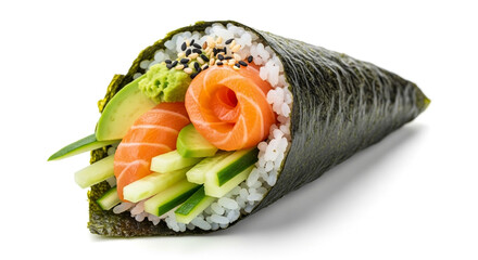 Close-up of a temaki sushi cone filled with salmon, avocado, cucumber, and rice.