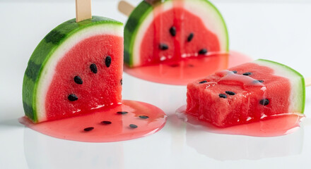 Slices of fresh watermelon on sticks melting like popsicles on a clean white surface, creating red puddles of juice.