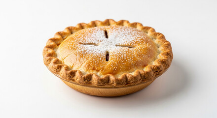 Close-up shot of a freshly baked, golden-brown pie with a decorative crust and powdered sugar.