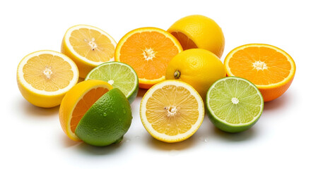 A colorful assortment of citrus fruits, including lemons, limes, and oranges, displayed on a white background.