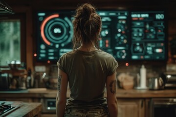 Woman reacting in surprise to holographic smart home interface malfunction as AI system flickers lights on and off, modern interior scene.