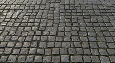 Gray cobblestone pavement with small green grass between the stones forms an outdoor surface