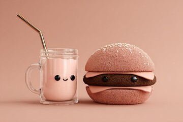 Cute Cartoon Burger and Milkshake Still Life.