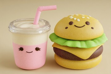 Cute Kawaii Burger and Milkshake with Smiley Faces.