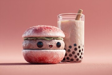 Cute Kawaii Burger and Bubble Tea Drink.
